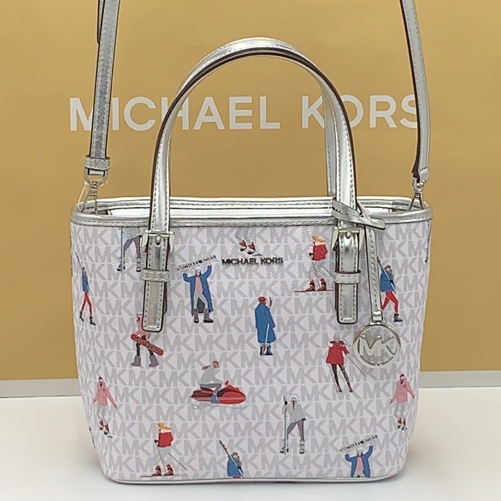 Michael Kors Jet Set Girls Print Bright White Signature XS Carryall Top Zip Tote - Picture 2 of 16